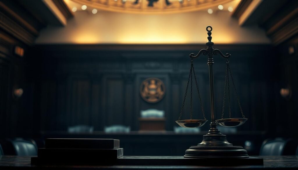 A serene, dimly lit courtroom setting with a focus on the judge's bench and scales of justice. Soft, diffused lighting casts a sense of solemn contemplation, while the background is slightly blurred to emphasize the central elements. The detailed wooden textures of the bench and the intricate metalwork of the scales convey a sense of timeless authority and gravitas. The overall atmosphere evokes the careful consideration of legal principles and the weighing of evidence to ensure safety and justice.